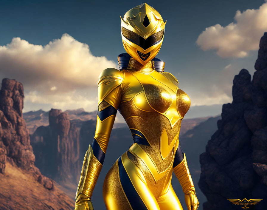 Superhero in Yellow and Blue Armor Against Desert Cliffs