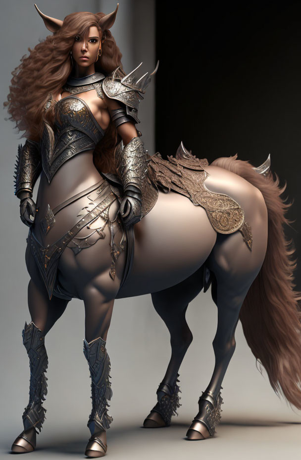 Female Centaur in Ornate Armor with Metallic Plates and Brown Fur