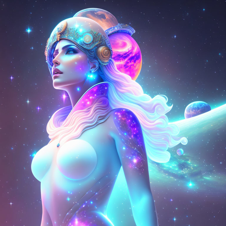 Cosmic-themed digital art of a woman in a planet helmet amid vibrant stars