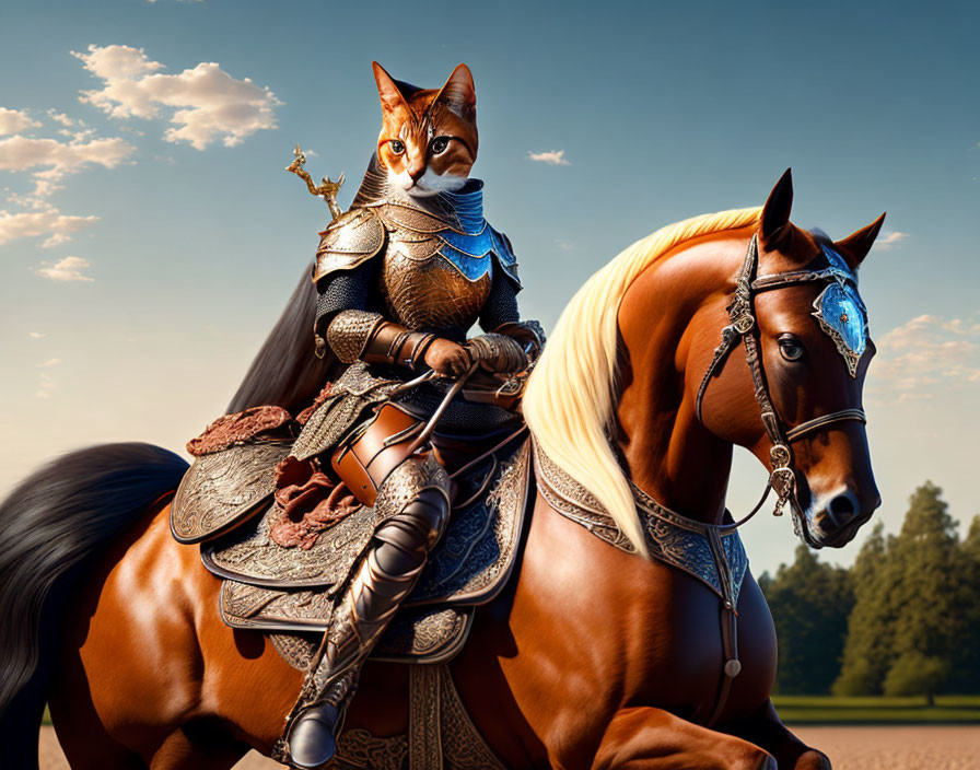 Cat in medieval knight armor on horseback with ornate tack against sky