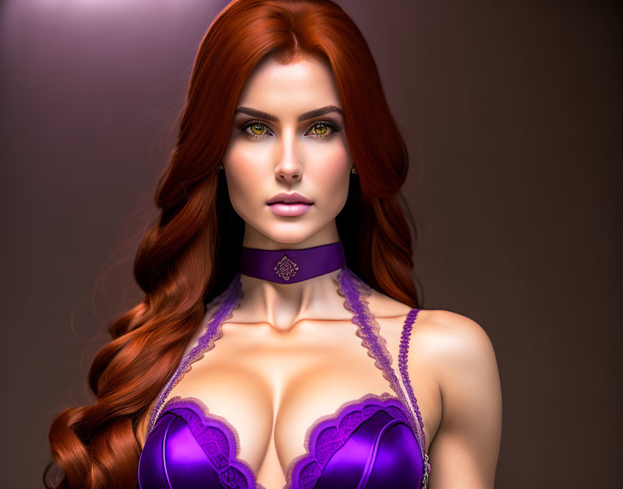 Digital illustration: Woman with green eyes, red hair, purple lingerie top, choker necklace