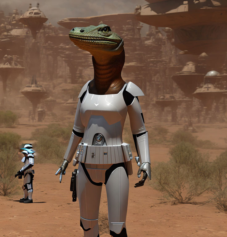 Lizard-like humanoid in futuristic white armor in desert landscape