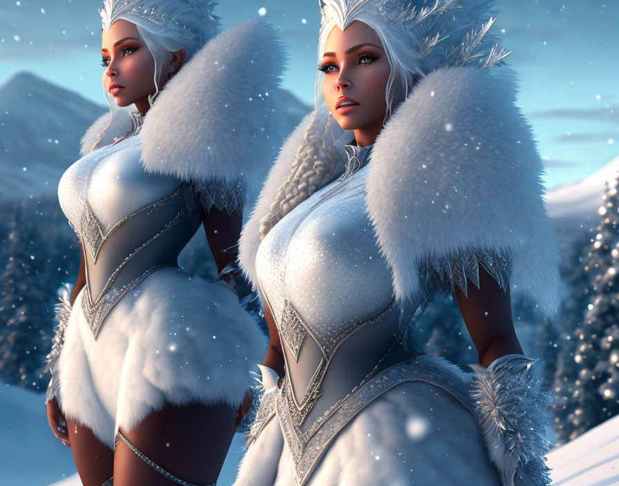 Two women in white fur-trimmed fantasy outfits in snowy landscape