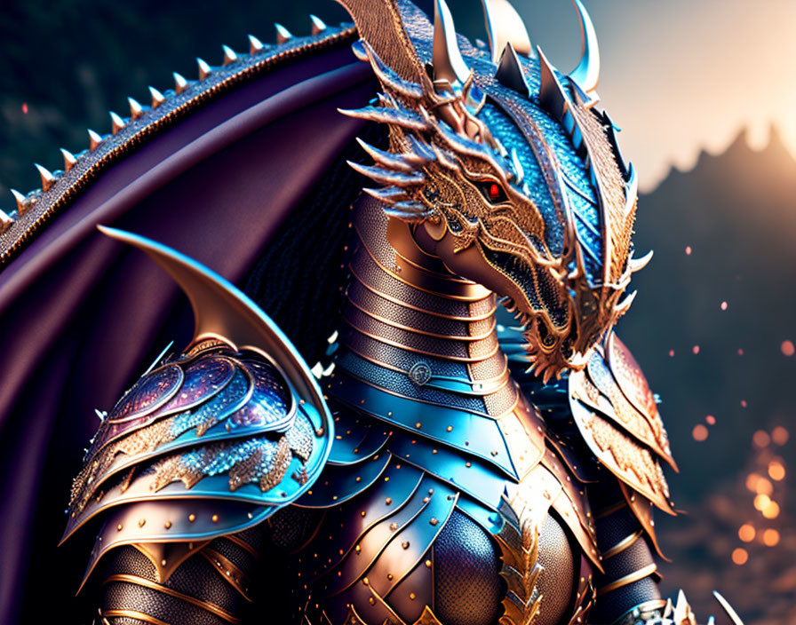 Intricate Metallic Blue Dragon Armor with Golden Accents