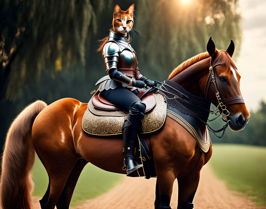 Cat in knight armor on horse in forest clearing