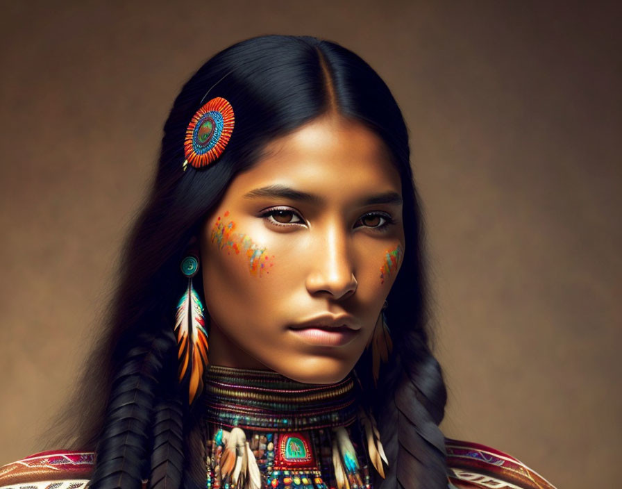 Portrait of woman with Native American adornments on warm background