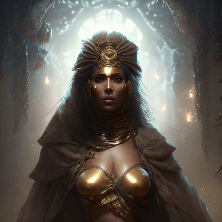 Regal Woman in Ornate Headpiece and Golden Armor in Ethereal Setting