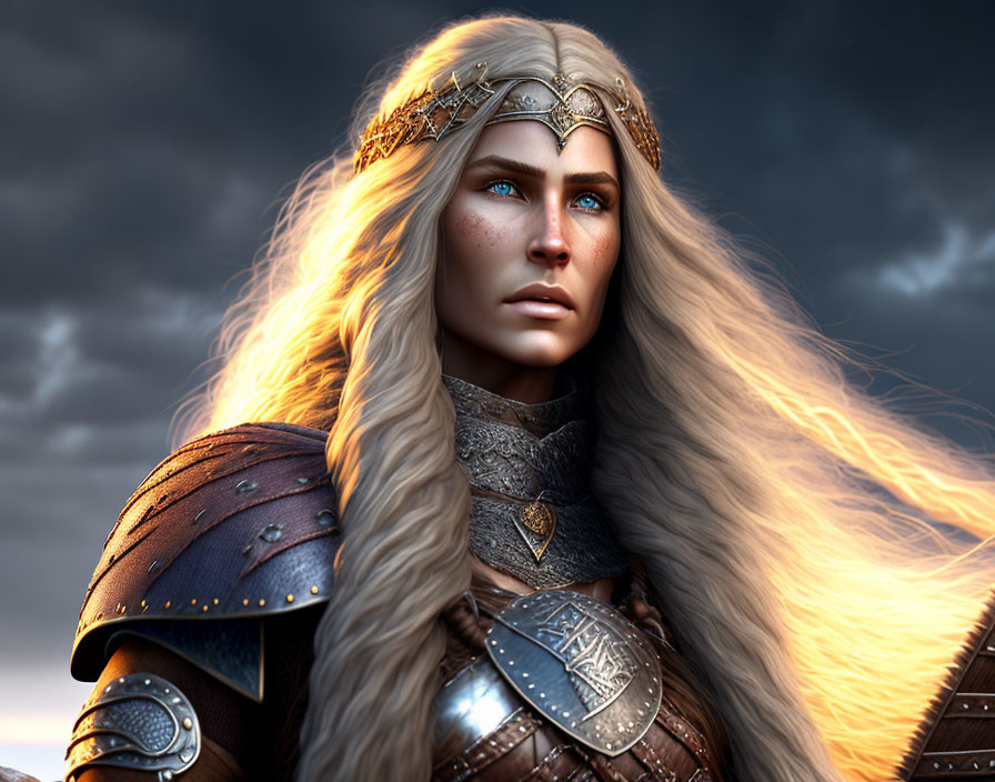 Regal female warrior digital artwork with blonde hair and blue eyes