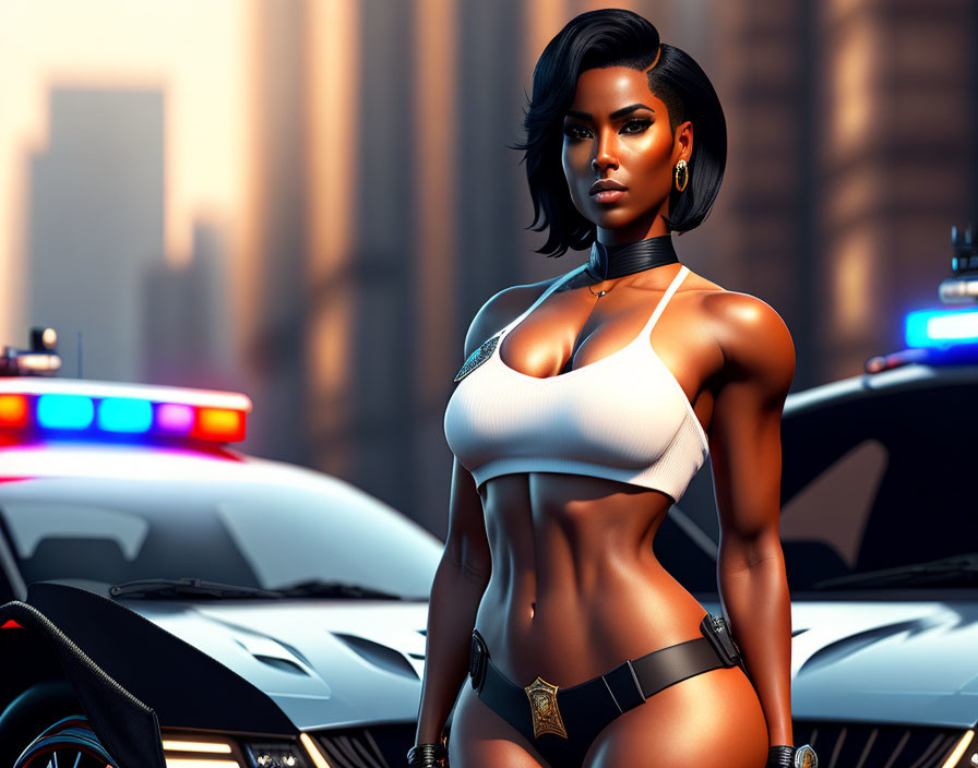 Strong female character in white bikini with police accessories by patrol cars