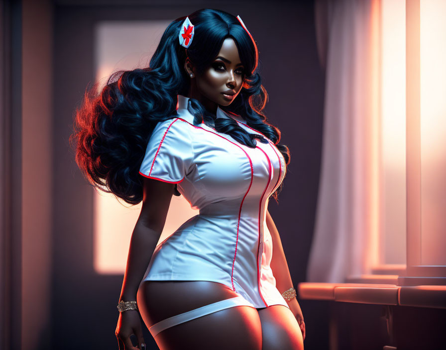 Digital artwork of a woman with dark skin and blue hair in nurse attire in dimly lit room