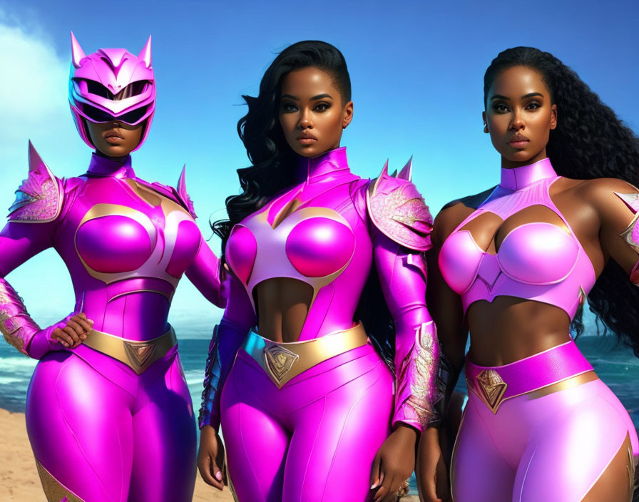 Three Women in Matching Futuristic Pink Armor on Beach with Blue Sky