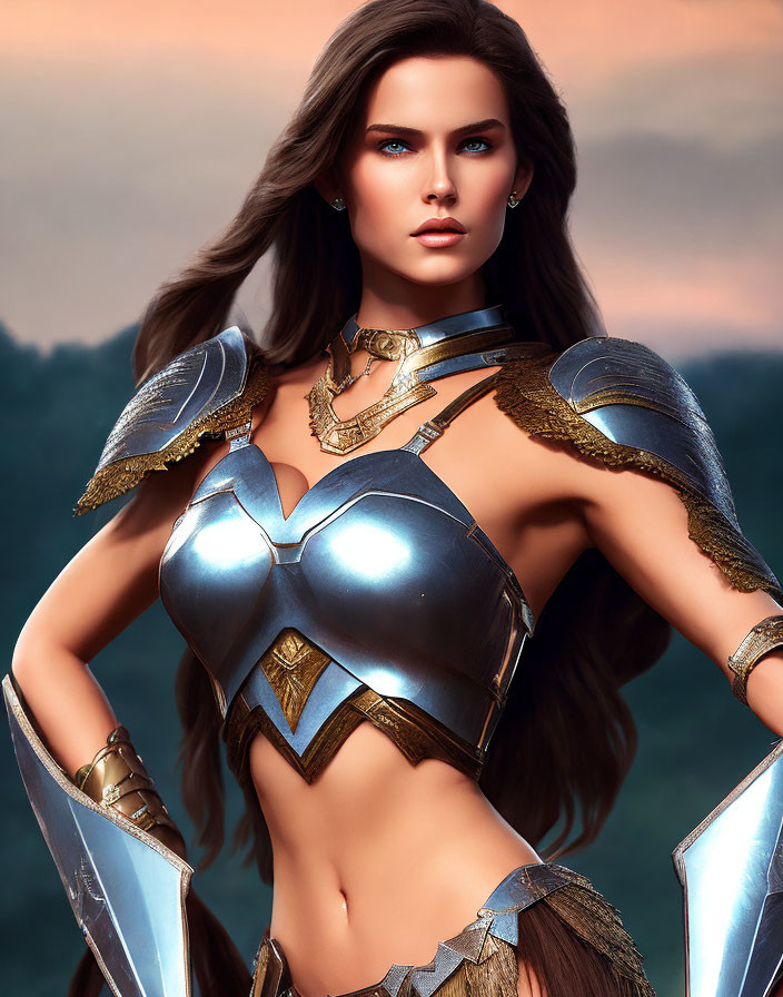 Female warrior in fantasy armor with gold trim gazing forward against dusky sky