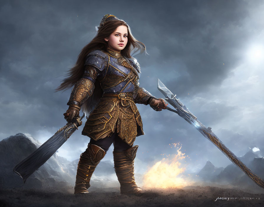 Female warrior in ornate armor with sword and magical spear on stormy battlefield