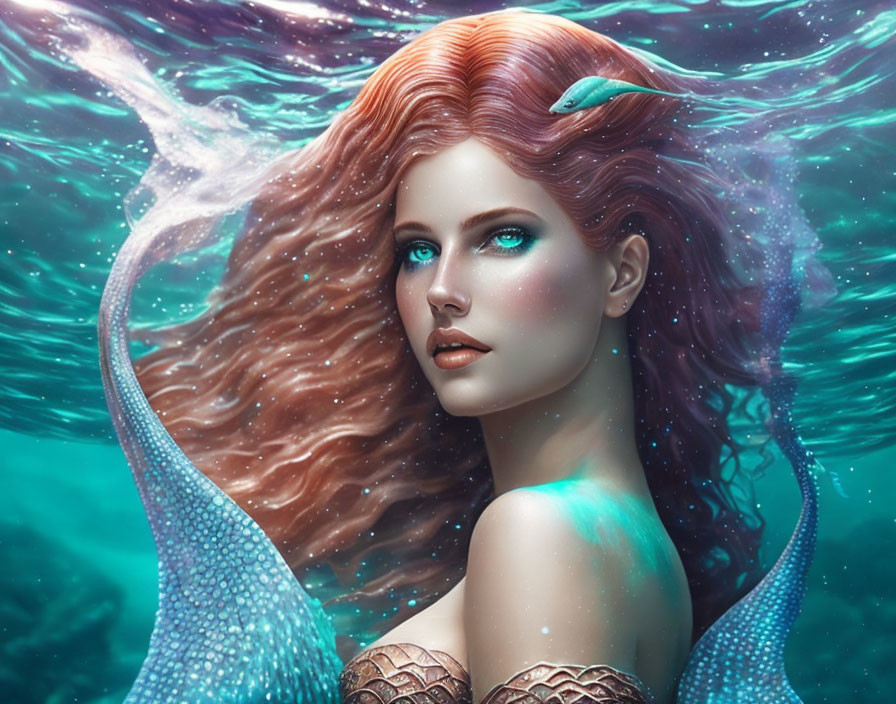 Mermaid digital artwork: Red-haired, sparkling scales, underwater mystique