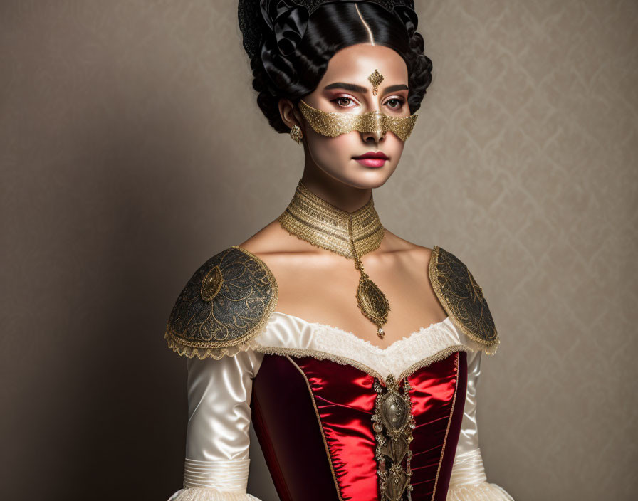 Vintage Red and White Dress with Gold Embroidery and Mask-Like Makeup