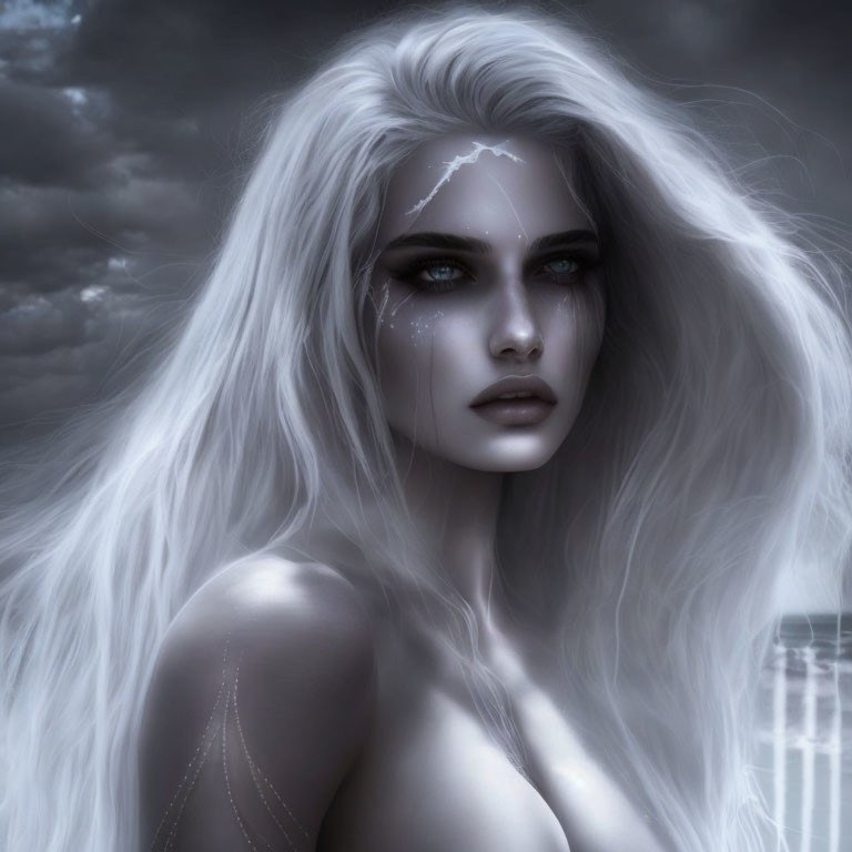 Mystical woman digital artwork with pale skin and blue eyes