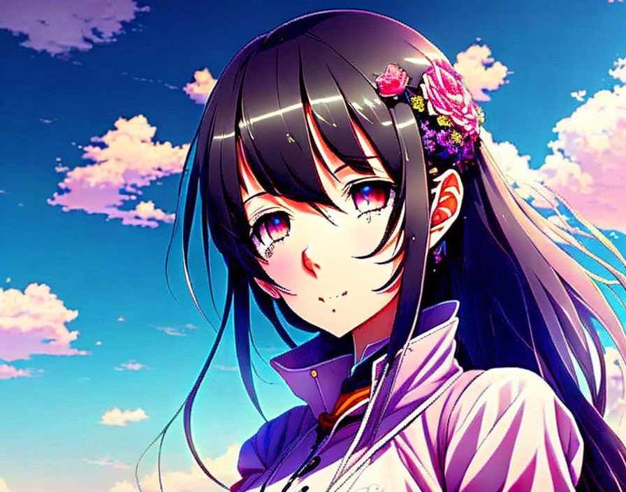 Anime-style girl with long black hair and purple eyes under vibrant blue sky