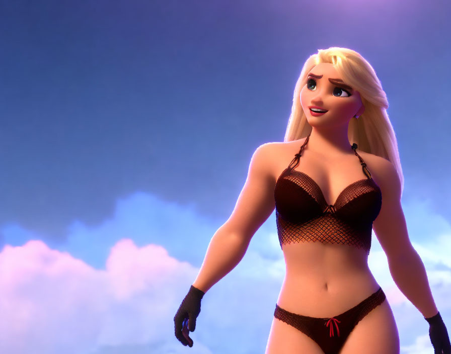 Illustration of animated female character in black lingerie against cloudy backdrop