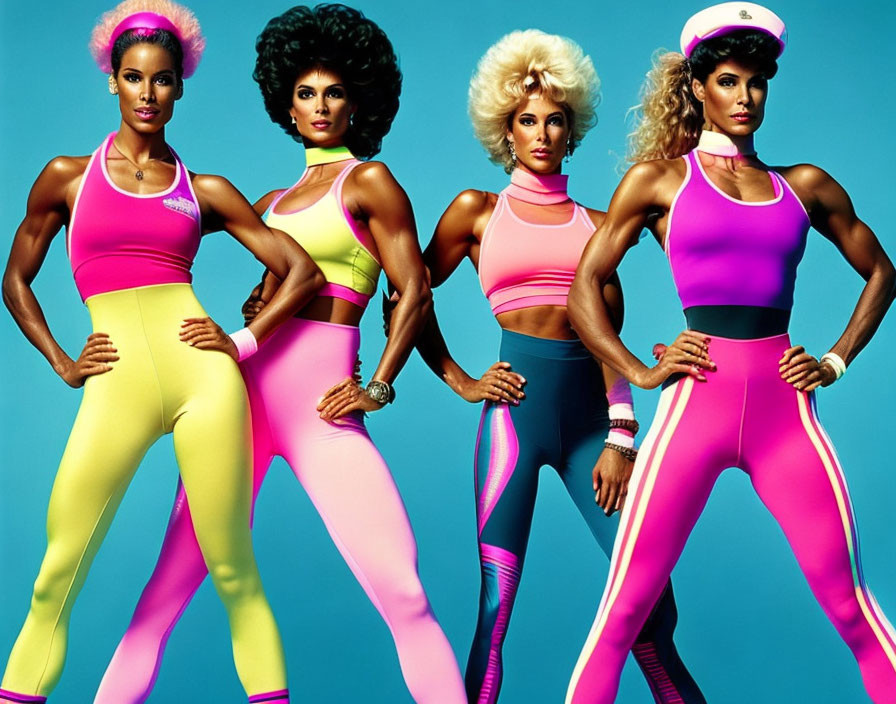 Four Women in Retro Aerobics Attire with Colorful Leggings and Voluminous Hair against