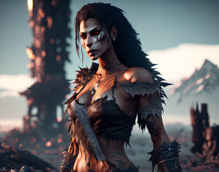 Female warrior with tribal face paint and spiked shoulder armor in barren landscape