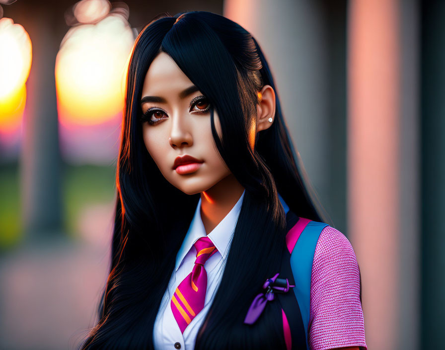 Digital artwork of female character in school uniform with expressive eyes and pink tie against sunset backdrop