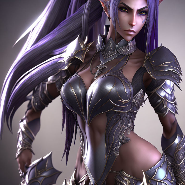 Fantasy Female Warrior with Purple Hair and Elaborate Armor