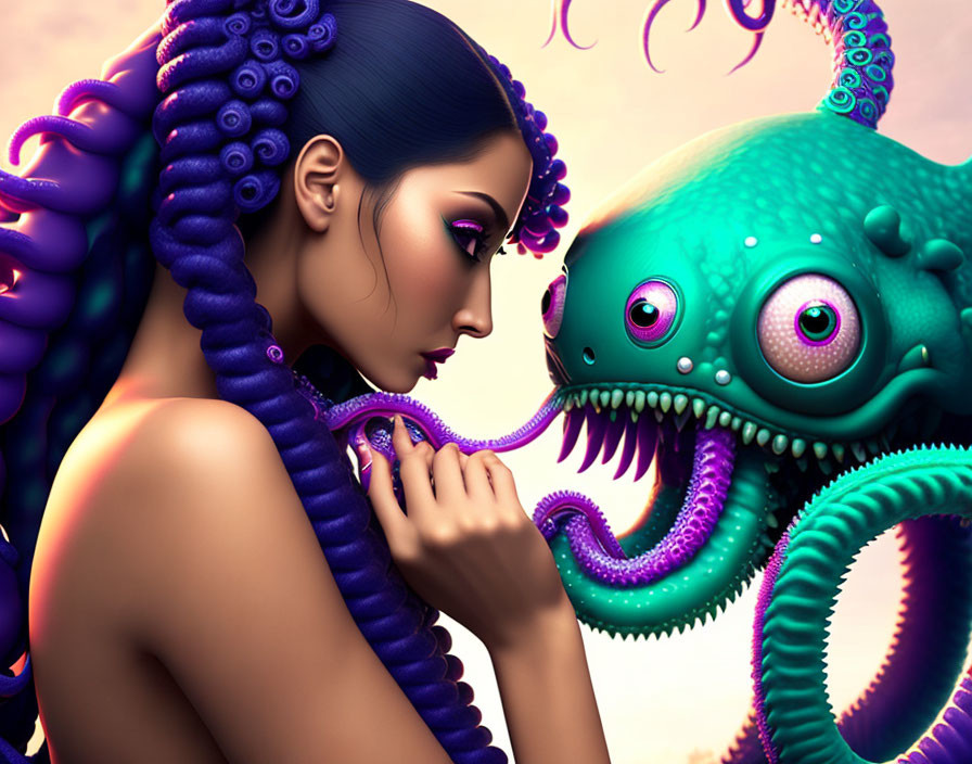 Purple tentacle-haired woman gazes at green, multi-eyed creature on pink background