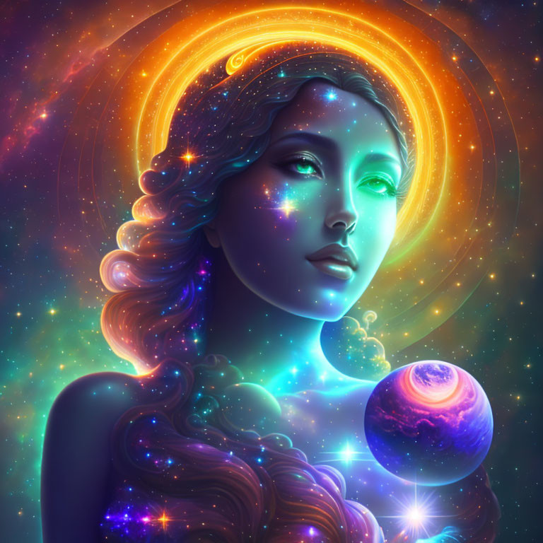 Celestial woman surrounded by astral rings and stars, holding a planet