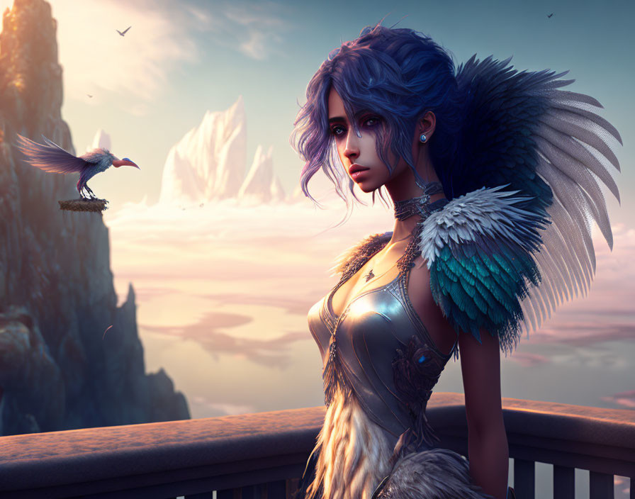 Digital artwork of female figure with blue hair and feathered wings on balcony, bird flying, mountains in