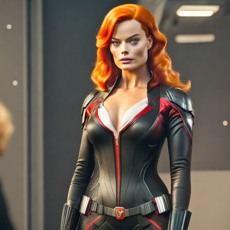 Digital artwork of female superhero with fiery orange hair in black and red bodysuit and armor, standing