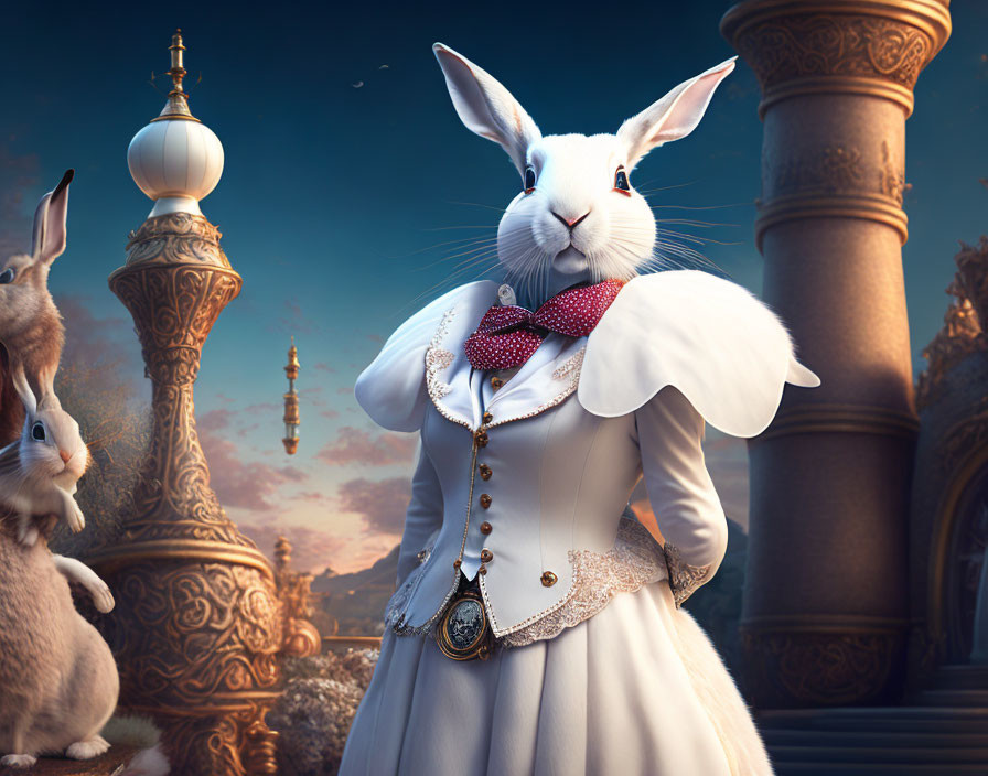 Anthropomorphic rabbit in white suit with pocket watch in Arabian fantasy setting