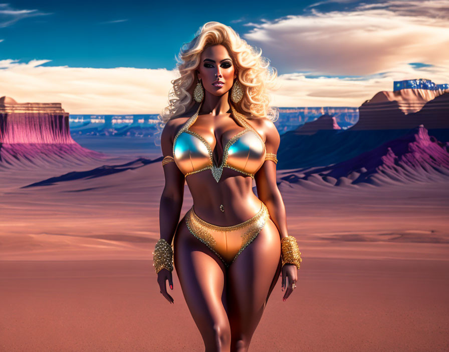 Stylized woman in golden bikini against desert backdrop