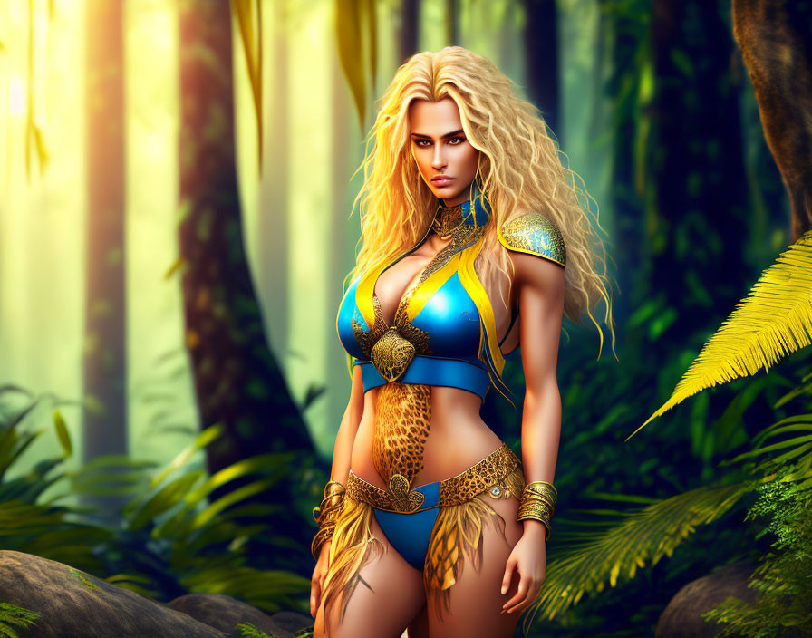 Fantasy female warrior in blue and gold bikini armor in lush jungle