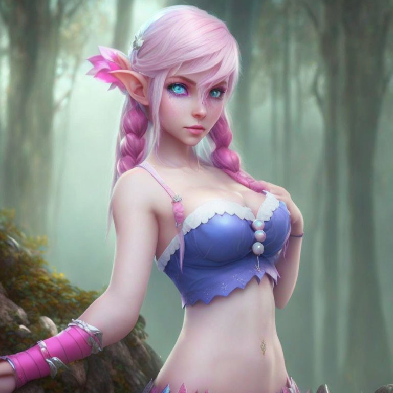 Digital artwork: Female elf with pink hair in purple fantasy outfit in misty forest