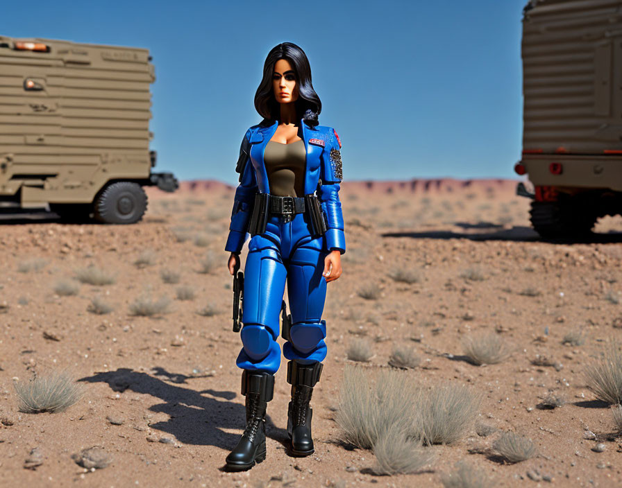 Black-Haired Female Action Figure in Blue Jumpsuit on Sandy Terrain