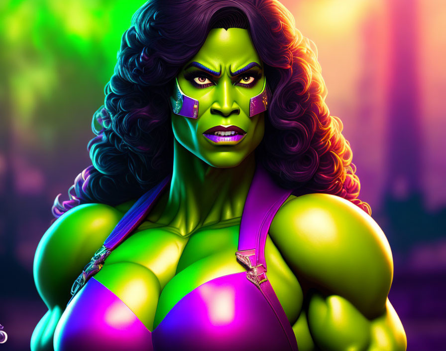 Muscular female character with green skin in purple suit on colorful background