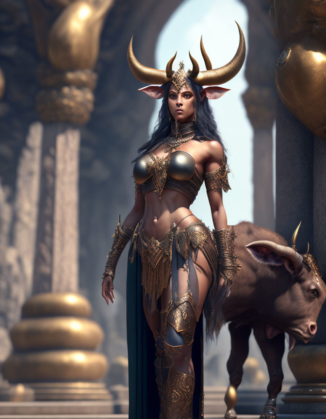 Fantasy female character with horns in golden armor beside bull statue in ornate temple