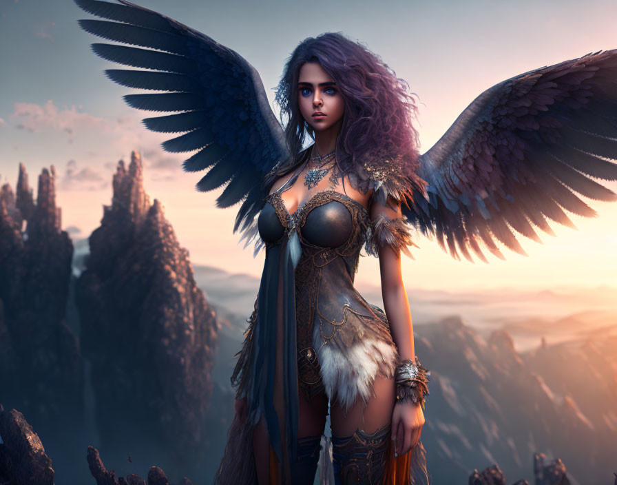 Mythical winged woman in ornate armor on mountain at sunset