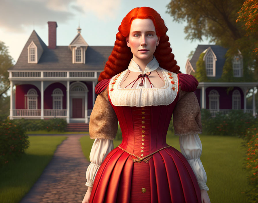 Historical woman in corset and puffed sleeves by classic house.