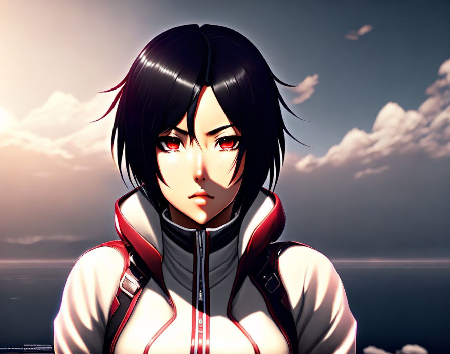 Anime-style character with short black hair, red eyes, white and red jacket, under twilight sky