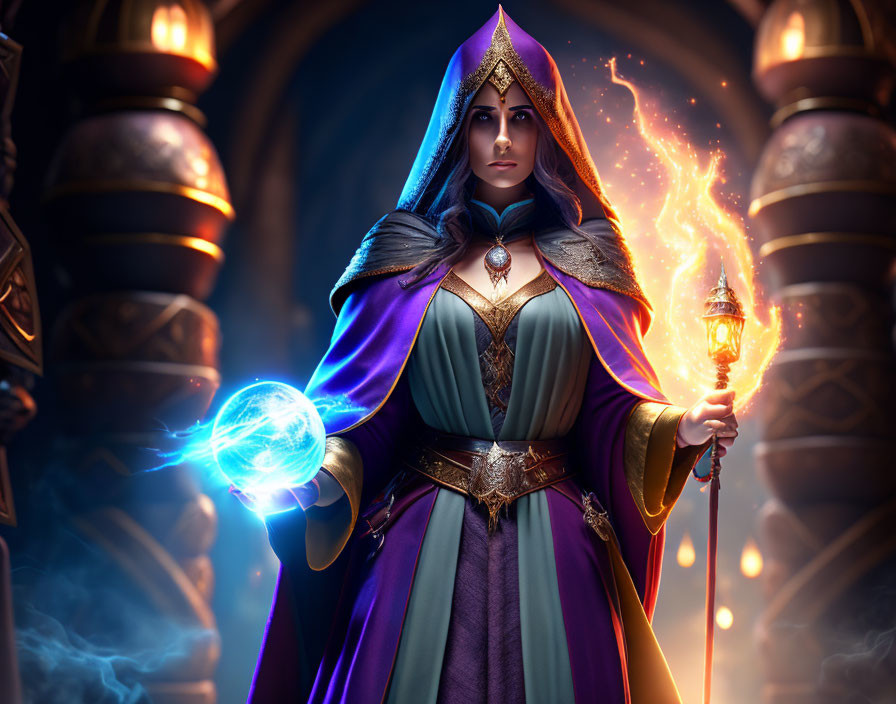 Mage in Elaborate Robes Casting Spells in Torch-Lit Chamber