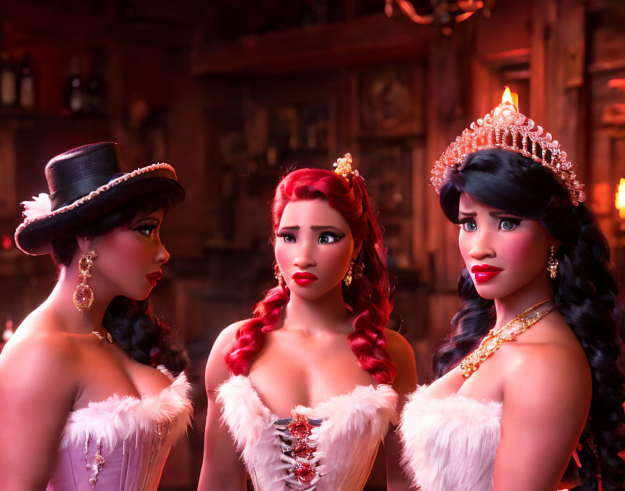 Three animated female characters with intricate hairstyles and costumes in a cozy tavern.