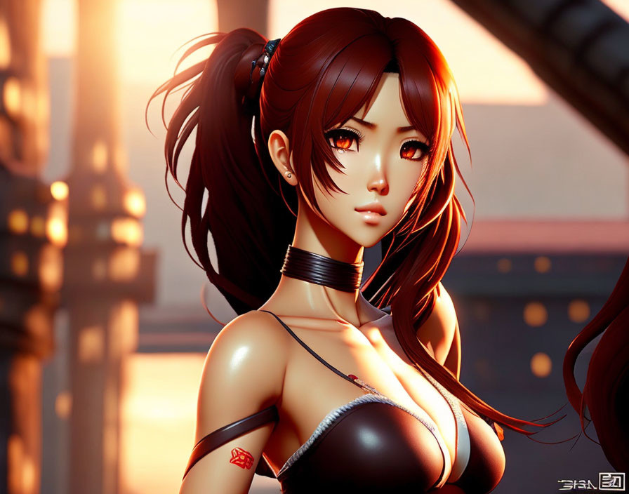 3D-rendered female character with dark hair and choker in strapless top