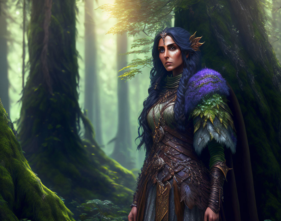 Blue-haired elf woman in ornate armor in enchanted forest