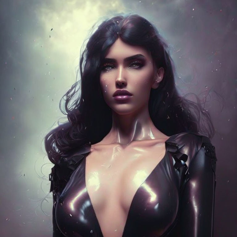 Digital artwork of woman in futuristic black outfit against star-speckled background