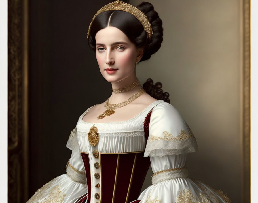 Historical royal portrait of a woman in gold-trimmed dress and pearl necklace