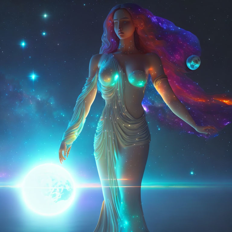 Digital artwork: Woman with flowing hair, glowing dress, holding radiant sphere against starry cosmic background