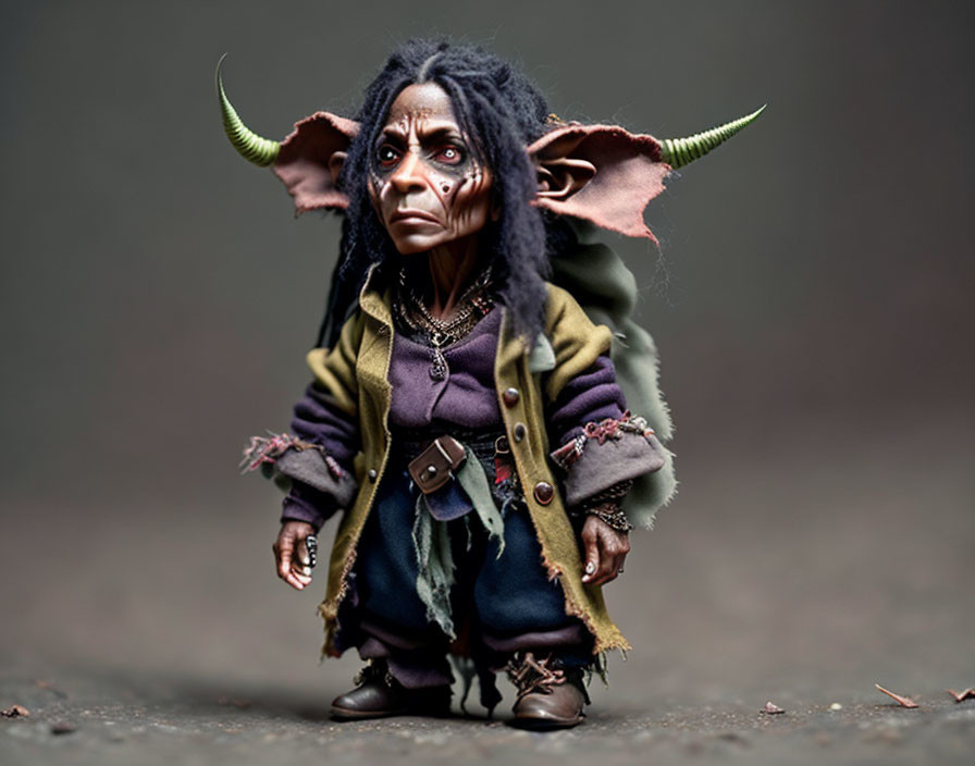 Detailed Fantasy Creature Model with Large Ears, Horns, Sorrowful Eyes, Tattered Clo