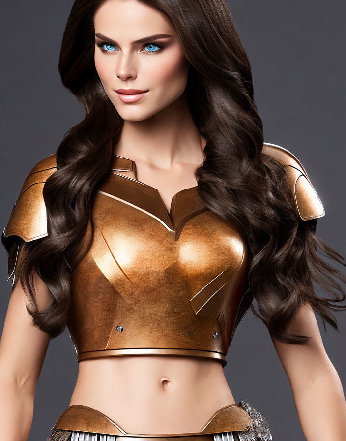 Long Wavy Hair Woman in Gold Chest Armor and Blue Eye Makeup