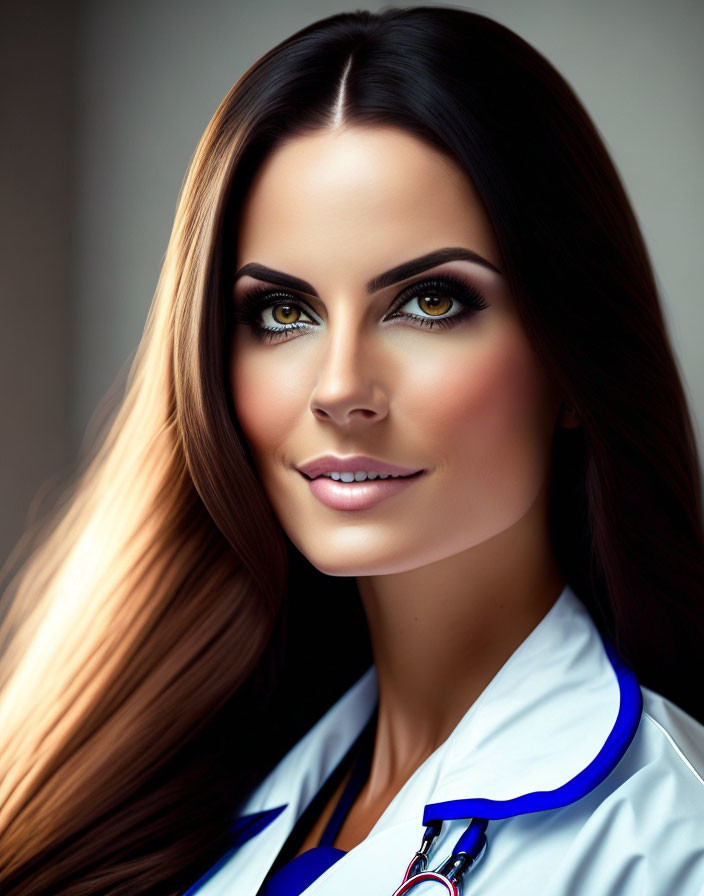 Digital portrait of woman with long hair in lab coat and stethoscope